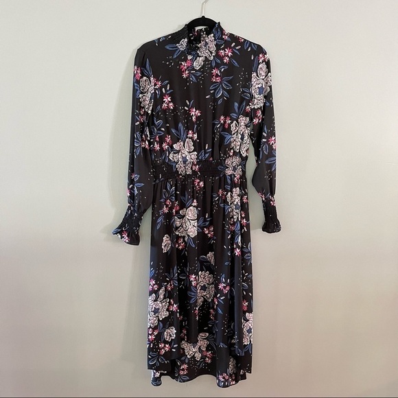 NANETTE LEPORE Black Mystic Blue Floral Smocked Mock Neck Chiffon High-Low Dress - Picture 2 of 16